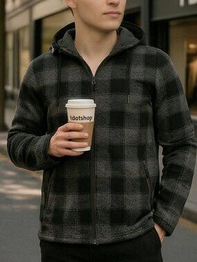 Fleece Jacket Plaid Hoodie Zip Up Sweatshirt Jacket Size XL Brand New Grey